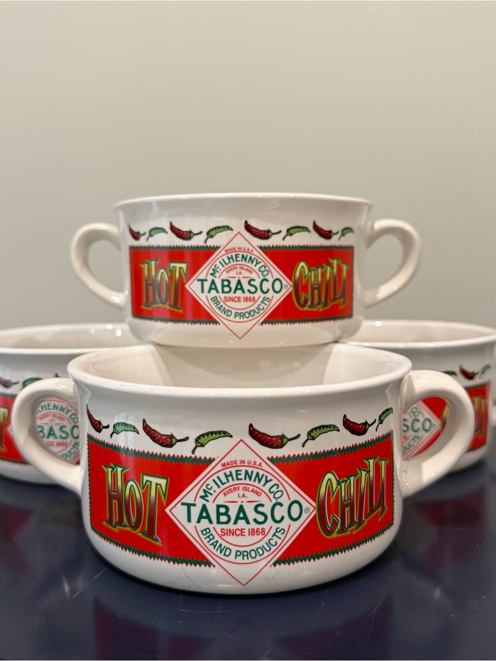 Vintage 4 Tabasco Hot Chili Double-Handled Soup Mug Bowl Set